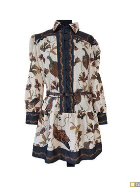 Mini dress with long lantern sleeves featuring colorful birds. SZ L Linen 65% 35